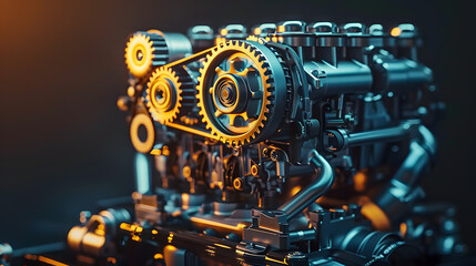 Fototapeta premium Explore detailed explanations of car engine parts and gears anatomy. Concept Internal Combustion Engine, Cylinder, Piston, Crankshaft, Camshaft, Timing Belt, Valves, Fuel Injectors, Spark Plugs