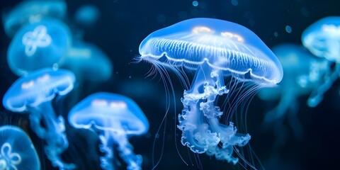 Jellyfish group illuminated by blue light swimming in a dark sea aquarium. Concept Underwater Photography, Marine Life, Aquarium Exhibits