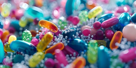 Exploring the Human Microbiome Close-up View of Microbes, Bacteria, Viruses, and Genetic Material. Concept Microbiome Exploration, Close-up View, Bacteria, Viruses, Genetic Material