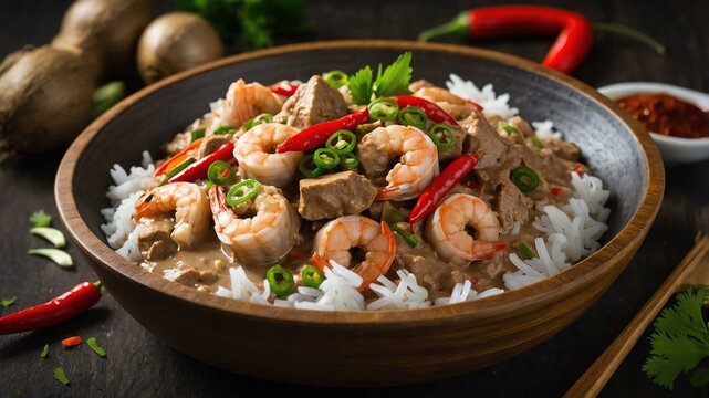 bicol express spicy stew made with pork shrimp paste served aesthetically in a wooden plate and table