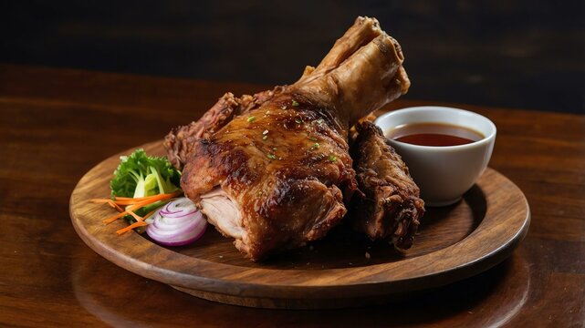 crispy pata deepfried pork leg or knuckle until crisp served aesthetically in a wooden plate and table