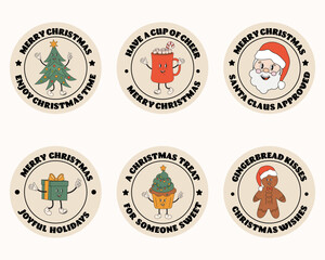 Round Christmas retro, groovy stickers, badges, labels, round gift tags for gifts package. Merry Christmas and winter holiday greeting typography messages with hippie Christmas tree, Santa, cocoa mug.