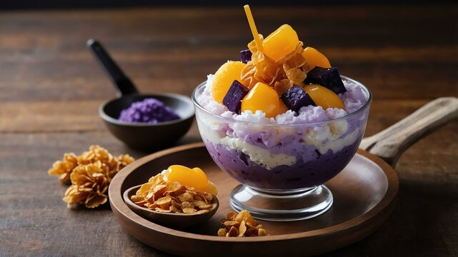halohalo a dessert consisting of shaved ice evaporate served aesthetically in a wooden plate and table