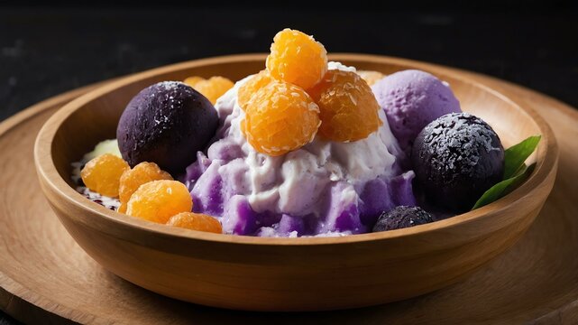halohalo a dessert consisting of shaved ice evaporate served aesthetically in a wooden plate and table
