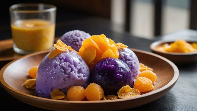 halohalo a dessert consisting of shaved ice evaporate served aesthetically in a wooden plate and table