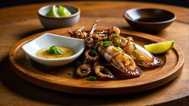 inihaw na pusit grilled squid marinated in calamansi served aesthetically in a wooden plate and table