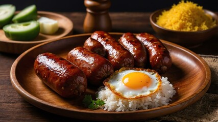 longganisa filipino sausage sweet or spicy typically served aesthetically in a wooden plate and table