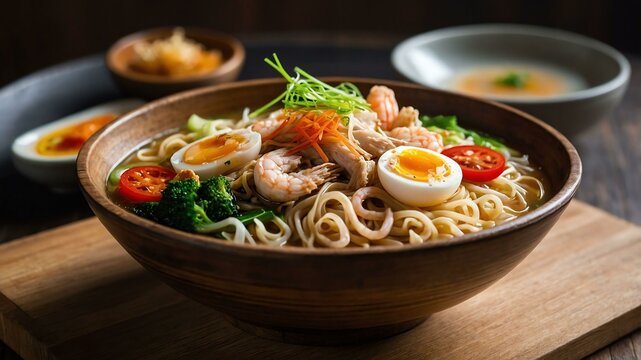 lomi egg noodles in a thick broth with pork chicken s served aesthetically in a wooden plate and table