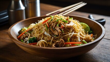pancit noodles stirfried with vegetables meat usually served aesthetically in a wooden plate and table