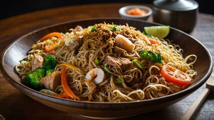 pancit noodles stirfried with vegetables meat usually served aesthetically in a wooden plate and table