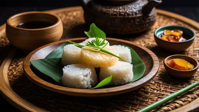 puto steamed rice cakes often served aesthetically in a wooden plate and table