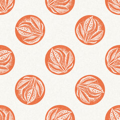 Peach fuzz botanical leaf foliage texture background with color of the year two tone linen fabric effect. Soft fresh modern woodland cottagecore design, wallpaper and on trend repeat tile textures. 