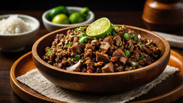 sisig chopped and sizzling pork face often ears and c served aesthetically in a wooden plate and table