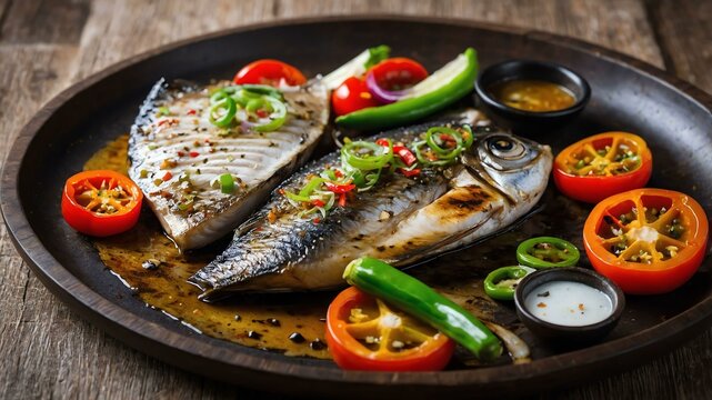 sizzling bangus milkfish grilled or fried milkfish se served aesthetically in a wooden plate and table