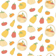 Pumpkins seamless pattern. Stylized autumn harvesting basket repeat background. Vector line art flat illustration.