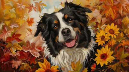 Obraz premium Border collie surrounded by fall flowers