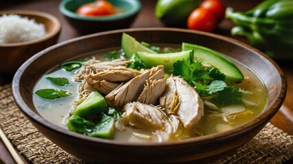 tinolang manok sa gata chicken soup with ginger garli served aesthetically in a wooden plate and table