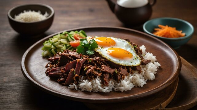tapsilog breakfast dish consisting of tapa cured beef served aesthetically in a wooden plate and table