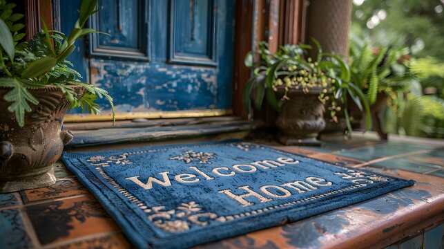 Inviting scene with stylish door and "Welcome Home" mat. - Powered by Adobe