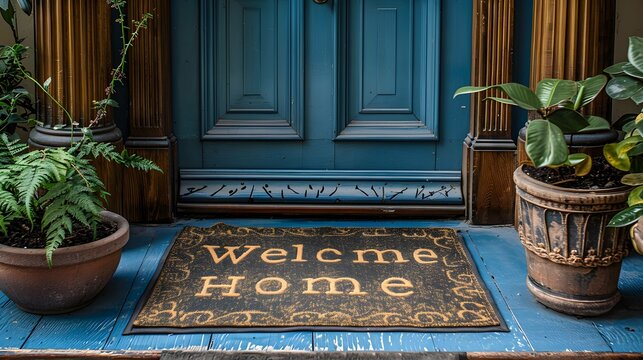 Cheerful door with welcoming doormat and potted plants.