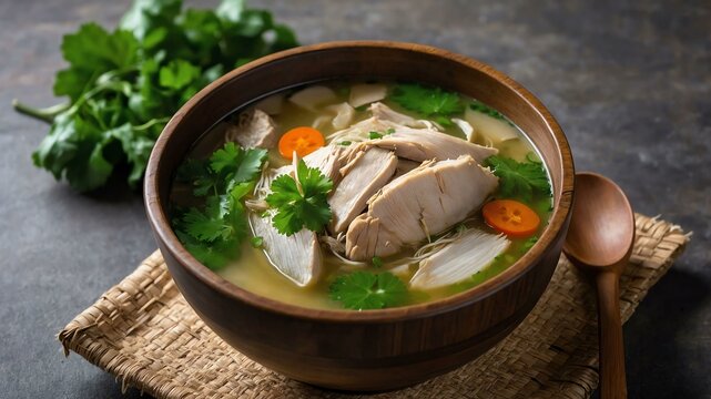tinolang manok sa gata chicken soup with ginger garli served aesthetically in a wooden plate and table