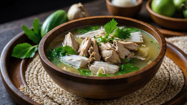 tinolang manok sa gata chicken soup with ginger garli served aesthetically in a wooden plate and table
