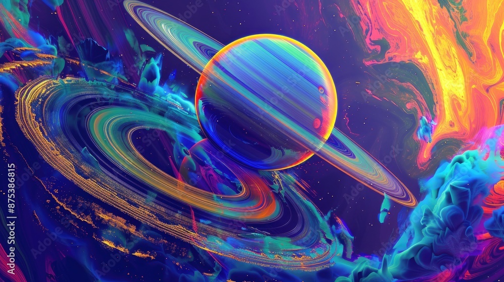 Poster vibrant and colorful abstract digital painting of a planet with rings, set against a cosmic backgrou