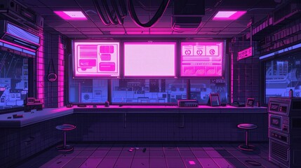Futuristic control room bathed in neon purple-pink lighting ambiance.