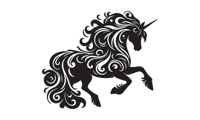 unicorn, silhouette logo, Silhouette of a flying unicorn, Unicorn head circle tattoo illustration, horses tattoo. Black unicorn silhouette vector style and white background