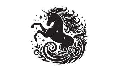 Naklejka premium unicorn, silhouette logo, Silhouette of a flying unicorn, Unicorn head circle tattoo illustration, horses tattoo. Black unicorn silhouette vector style and white background