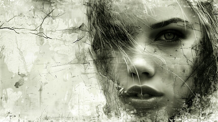 Obraz premium A woman's face is shown with a blurry background. The woman's hair is long and messy, and her eyes are closed. The image has a moody and mysterious feel to it