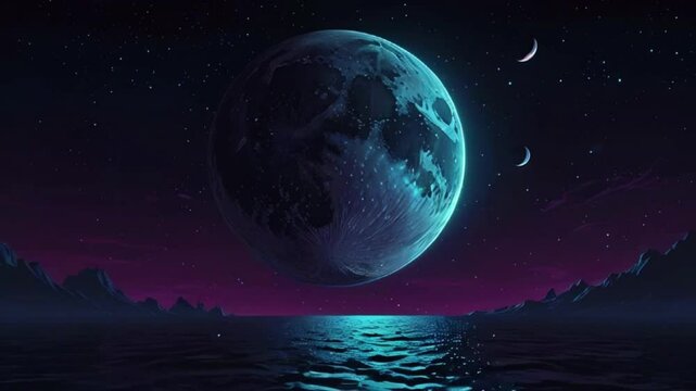 Different phases of moon eclipses passing in front of the planet, casting dramatic shadows on the ocean below, 4K Lofi Anime, Cyan purple colors manga style animation video