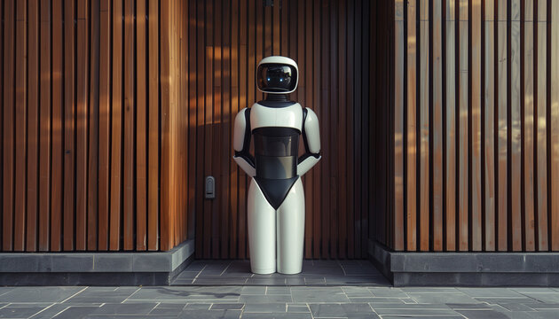 Modern security robot at the entrance, standing by wooden doors.