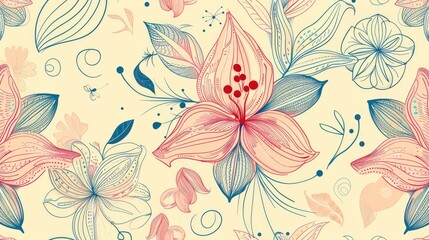 Fototapeta premium Floral motif and doodles in seamless vertical pattern with hand drawn elements