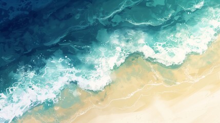 Ocean Tide from Above on White Sandy Beach, Anime Style Illustration