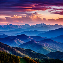 Obraz premium Spectacular Sunset over Mountain Range: A Mesmerizing Spectacle of Nature's Majesty