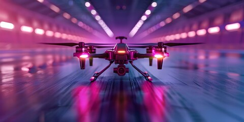 Futuristic sport of drone racing showcases innovation and speed in neonlit stadium. Concept Drone Racing, Innovation, Speed, Neon Lights, Futuristic Sport