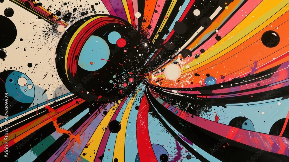 Poster Vibrant abstract art with dynamic splashes of color and geometric forms creating a sense of motion and energy.