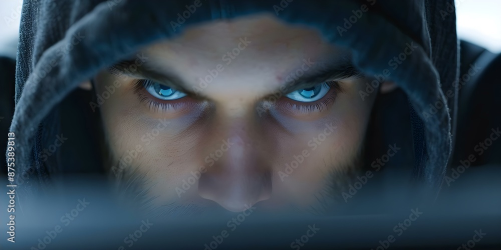 Poster mysterious hacker in hoodie at computer workstation. concept cybersecurity, hacker culture, technolo