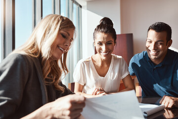 Couple, paperwork and guidance with investment advisor for financial planning, compliance and agreement. Office, married people and consultant with document for budgeting, saving and future goals