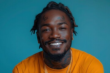 Cheerful Ethnic Man with Braided Hair on Blue Background