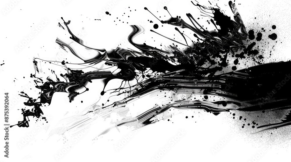 Poster Vibrant black ink splatter on a white background creating an abstract and dynamic artistic expression perfect for creative projects.