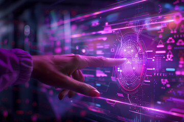 Hand interacting with futuristic touchscreen interface