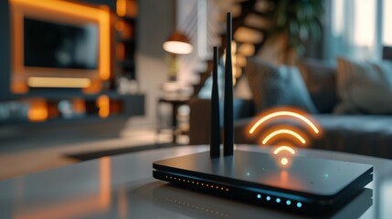 A wifi router in modern smart home, technology, internet, connectivity, network, wireless, device, Wi-Fi access concept.