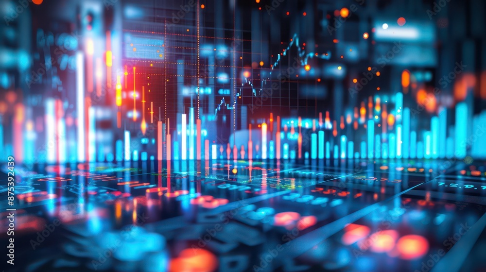 Poster abstract financial data visualization featuring dynamic bar graphs.