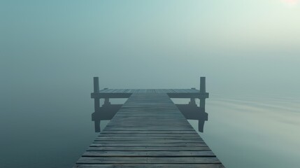 Obraz premium Wooden pier extending into calm, misty lake at dawn with serene atmosphere