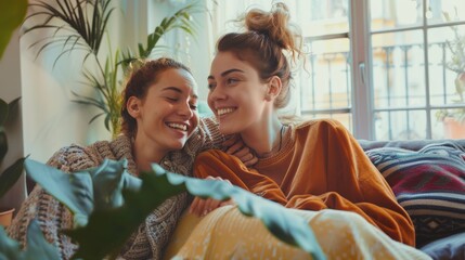 Lifestyle of happy women roommates sharing a cozy apartment friendship in a beautifully.