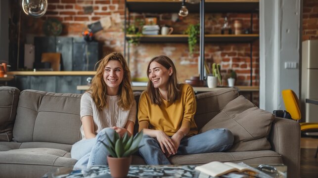 Lifestyle of happy women roommates sharing a cozy apartment friendship in a beautifully.