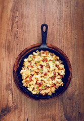 macaroni with cheese and bacon, baked, homemade, no people,