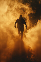 a mans silhouette running into smoke